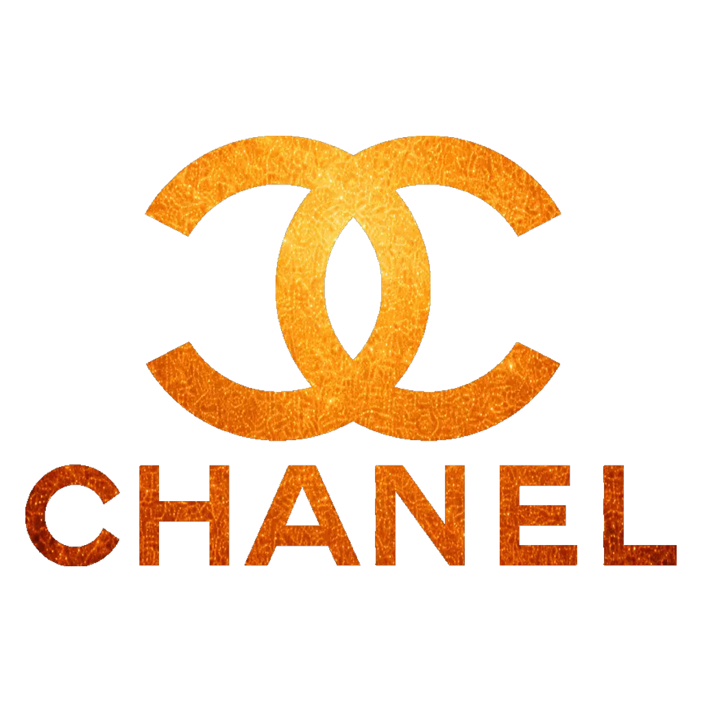 Chanel logo med dobbelt C monogram og CHANEL tekst i gyldent amber glitter finish på hvid baggrund. Chanel logo med dobbelt C monogram og CHANEL tekst i gyldent amber glitter finish på hvid baggrund. 