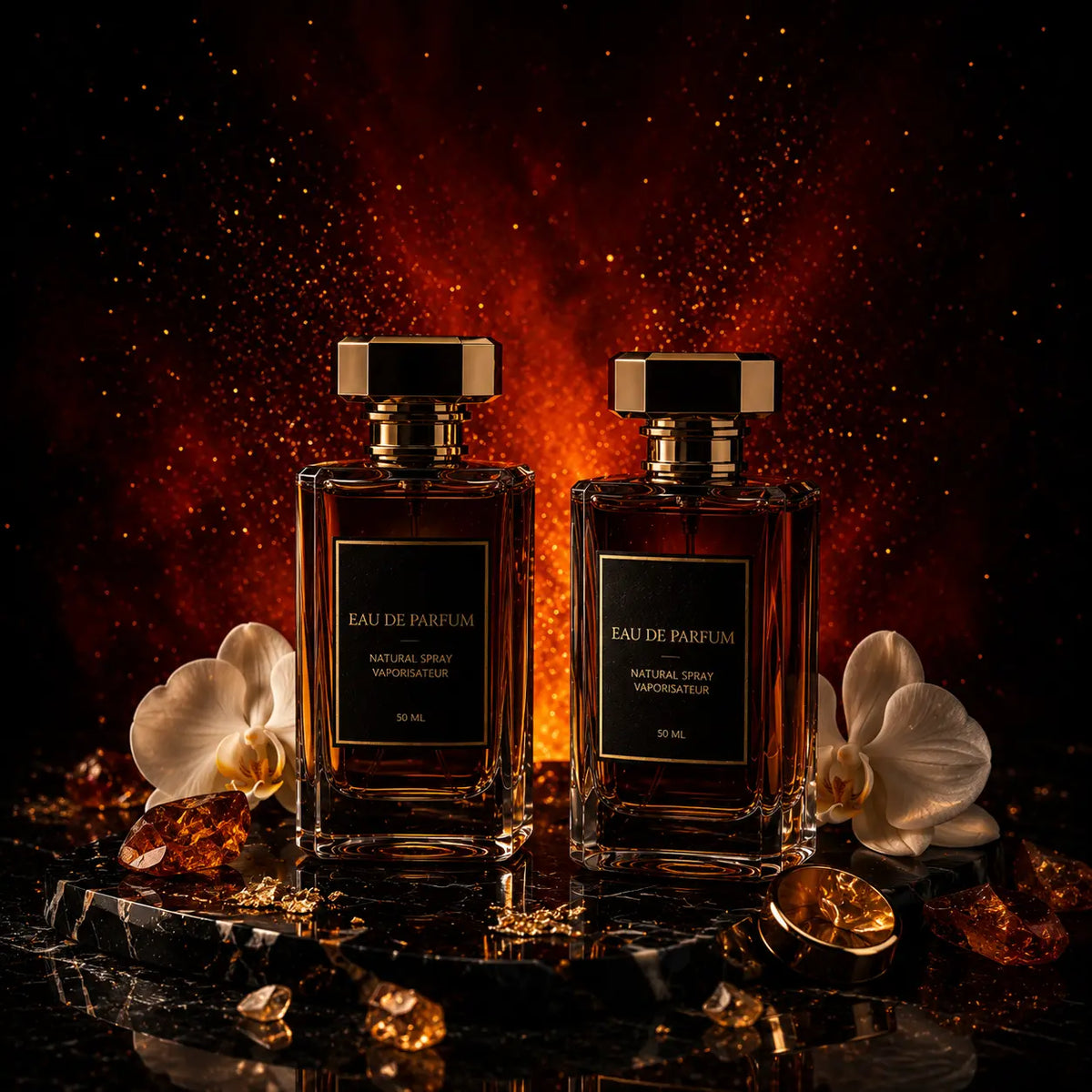 Mørke amber glasflasker med forgyldte låg, omgivet af røde roser og jasminblade der afspejler den intense og sofistikerede karakter af Eau de Parfum