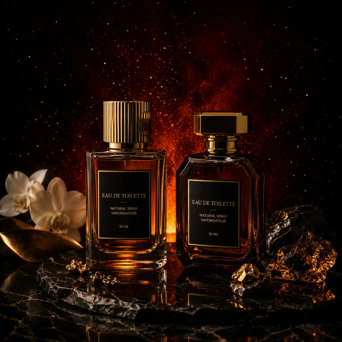 To slanke Eau de Toilette parfumeflasker med sølvlåg på sort piedestal omgivet af hvide blomster og grønne blade med dramatisk amber og mørkerød baggrund