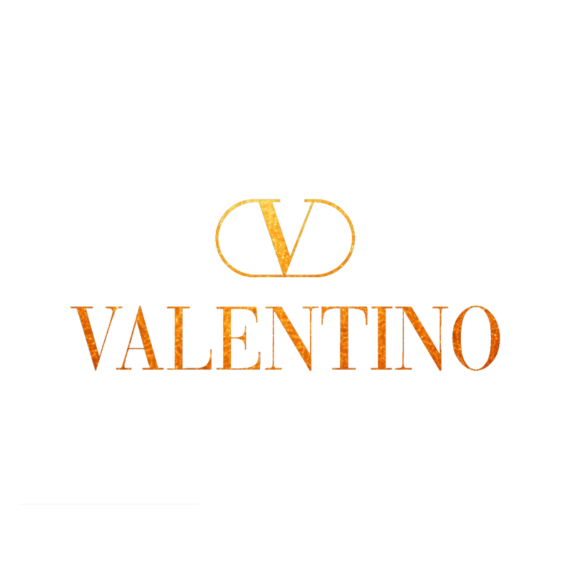 Valentino logo i gylden tekstur med V monogram og brandnavn i luksuriøs stil