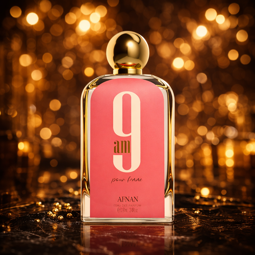 Afnan 9 am pour femme eau de parfume flakse med en gylden baggrund