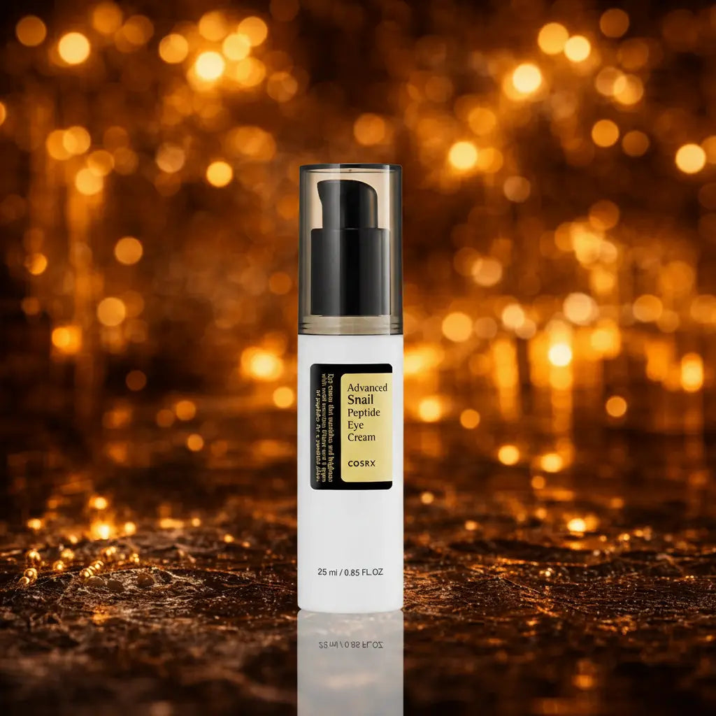 COSRX Advanced Snail Peptide Eye Cream. Hvid  pumpeflaske med transparent låg og sort/gul label. Stående på våd mørk stenoverflade med spejling. Varme amber bokeh lys i baggrunden.