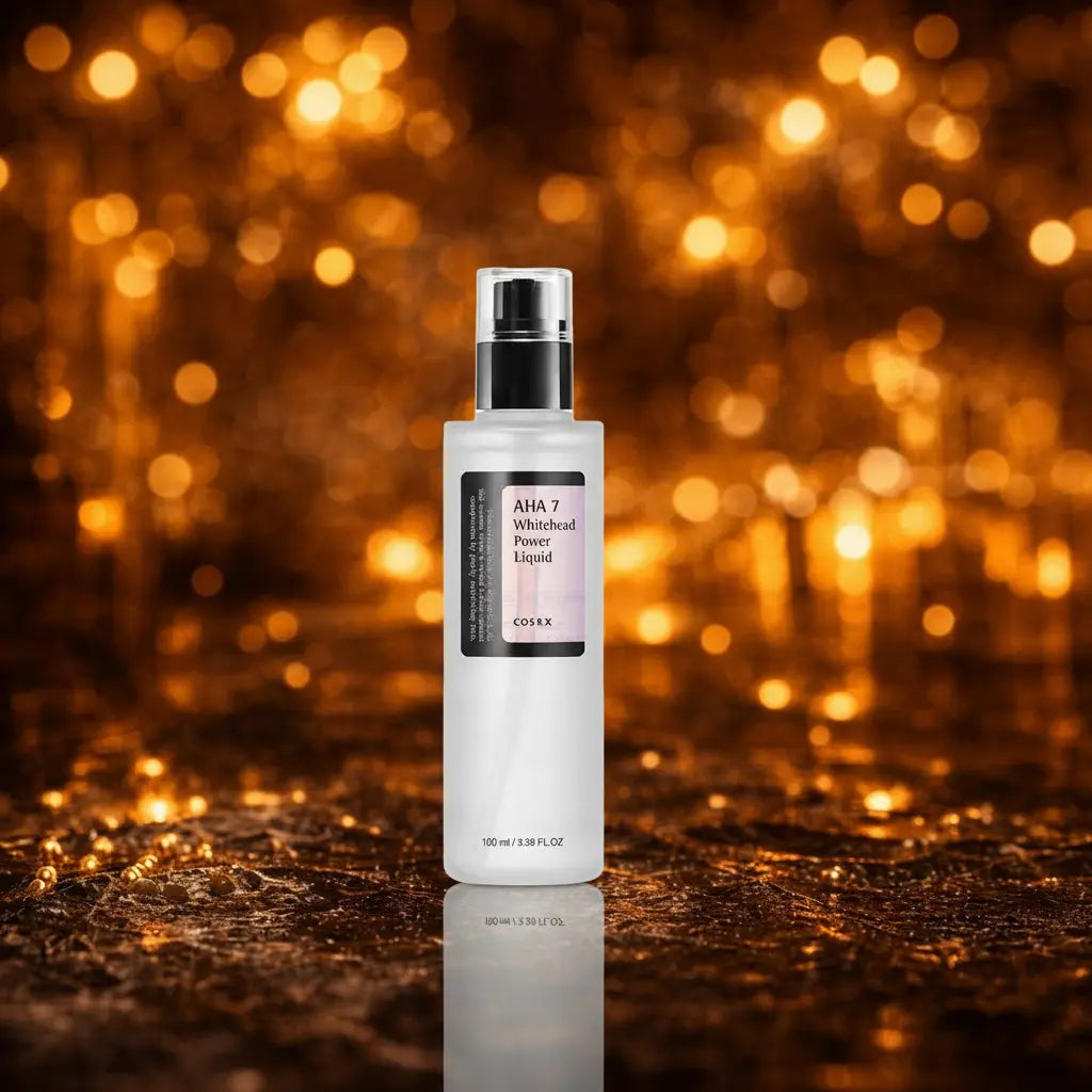 COSRX AHA 7 Whitehead Power Liquid. Frosted hvid flaske med sort pumpe og sort/lyslilla label. Stående på våd mørk stenoverflade med spejling. Varme amber bokeh lys i baggrunden.