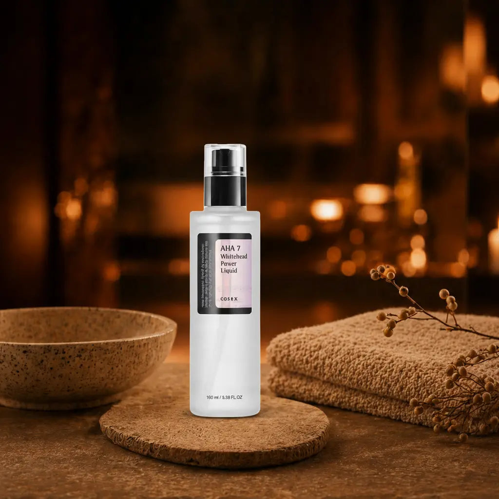 COSRX AHA 7 Whitehead Power Liquid. Frosted hvid flaske med sort pumpe og sort/lyslilla label. Stående på korkbrik med keramisk skål, foldede håndklæder og tørrede bær. Varm amber stearinlysscene.