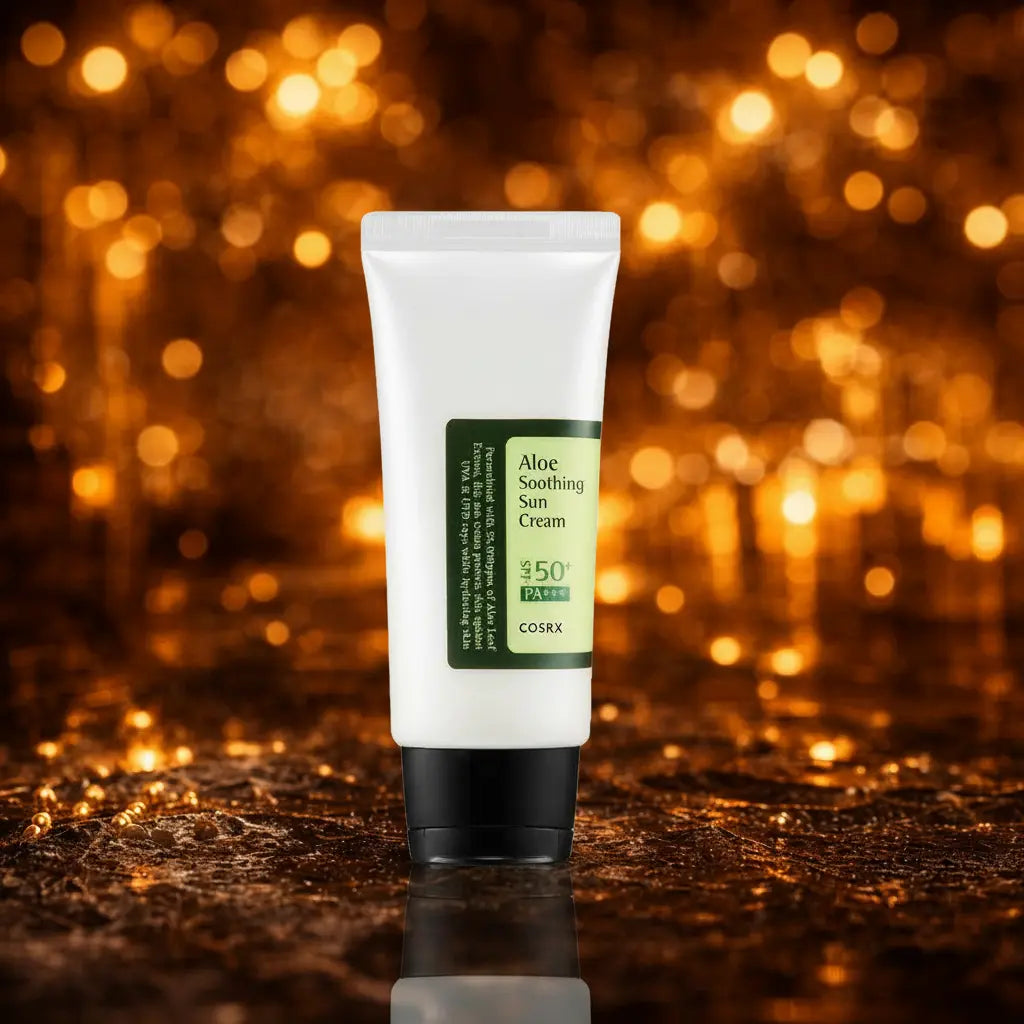 COSRX Aloe Soothing Sun Cream SPF 50+. Hvid tube med sort låg og grøn label. Stående på våd mørk stenoverflade med spejling. Varme amber bokeh lys i baggrunden.