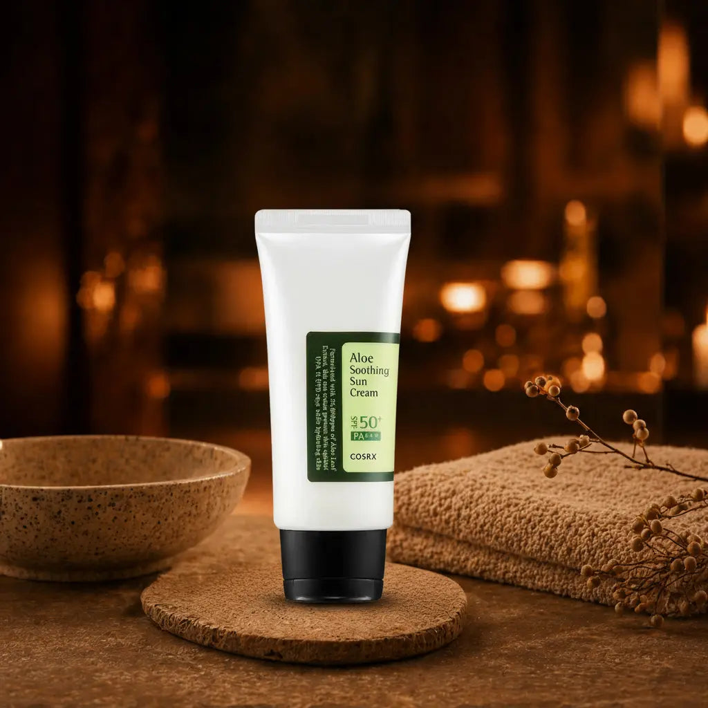 COSRX Aloe Soothing Sun Cream SPF 50+ PA+++. Hvid tube med sort låg og grøn label. Stående på korkbrik med keramisk skål, foldede håndklæder og tørrede bær. Varm amber stearinlysscene.