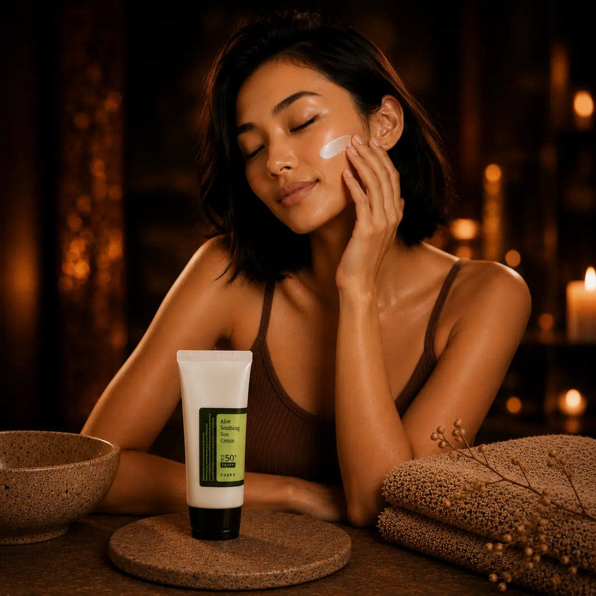 COSRX Aloe Soothing Sun Cream SPF 50+ PA+++. Kvinde påfører solcreme på kinden med lukkede øjne og et roligt udtryk. Tuben placeret foran hende på en rund korkbrik med keramisk skål og foldede håndklæder. Varm amber stearinlysscene.