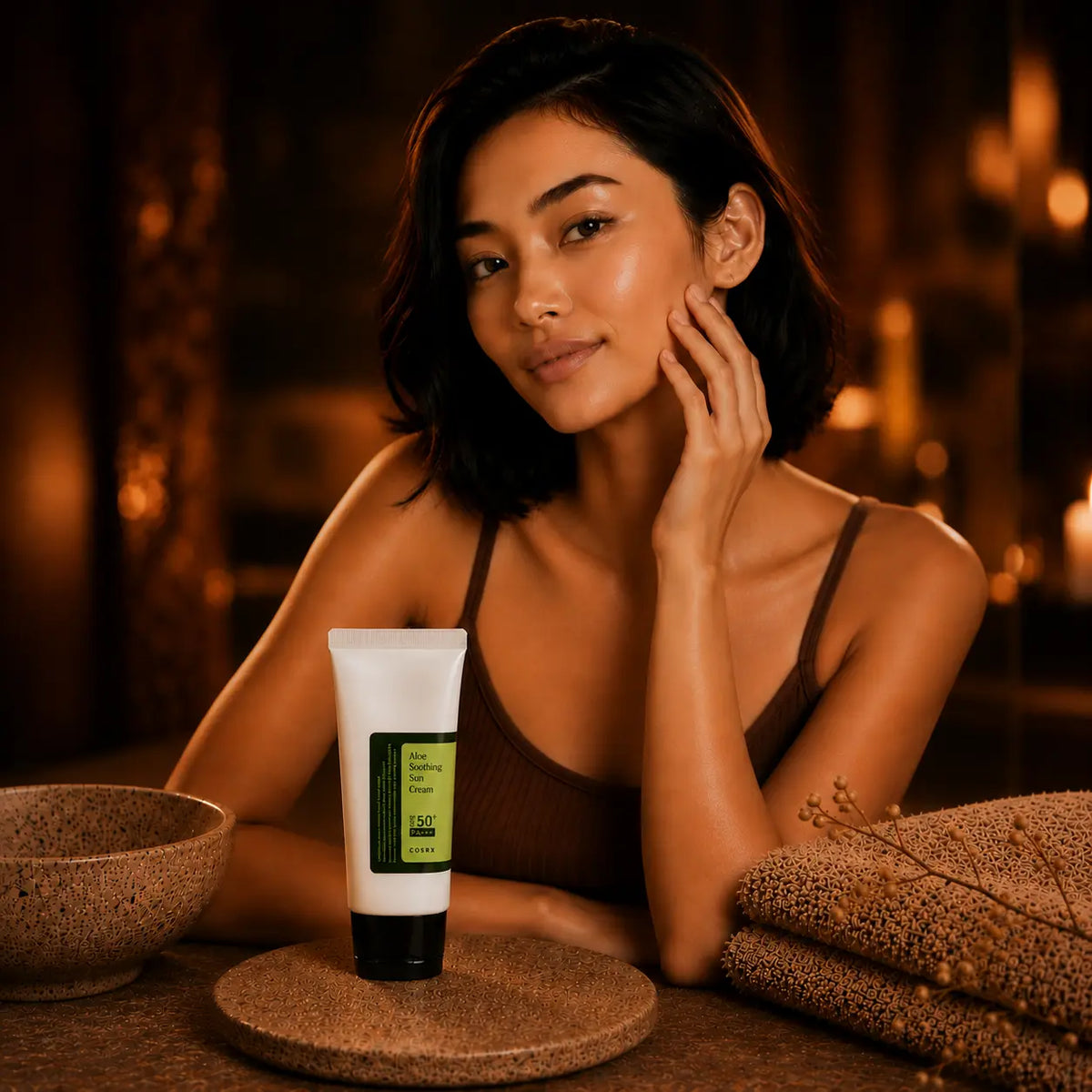 COSRX Aloe Soothing Sun Cream SPF 50+ PA+++. Kvinde med glødende hud rører let ved kinden med et roligt og tilfreds udtryk. Tuben placeret foran hende på en rund korkbrik med keramisk skål og foldede håndklæder. Varm amber stearinlysscene. 
