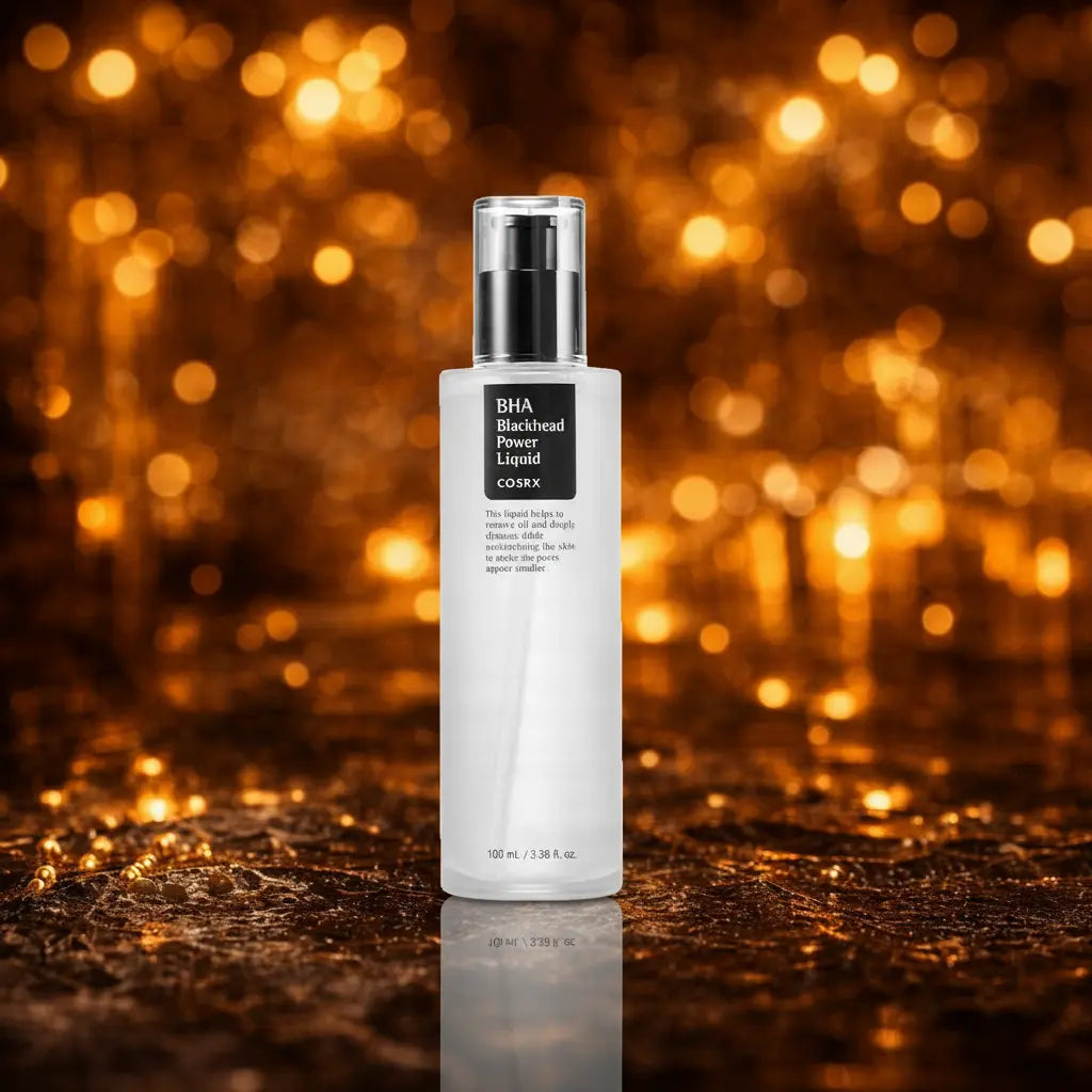 COSRX BHA Blackhead Power Liquid. Hvid flaske med klar pumpe og sort kvadratisk label. Stående på våd mørk stenoverflade. Varme amber bokeh lys i baggrunden.
