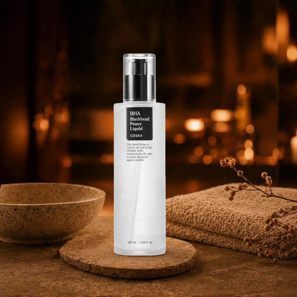 COSRX BHA Blackhead Power Liquid. Hvid flaske med klar pumpe og sort kvadratisk label. Stående på korkbrik med keramisk skål, foldede håndklæder og tørrede bær. Varm amber stearinlysscene.