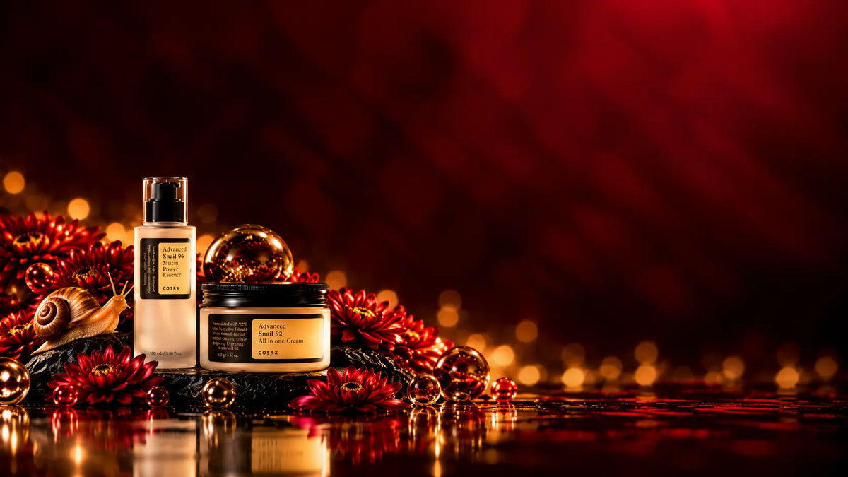 COSRX Advanced Snail 96 Mucin Power Essence og Advanced Snail 92 All In One Cream. Sorte låg og gyldne etiketter. Produkterne står på våde, sorte sten ved siden af en brun snegl. Dybrøde blomster, gyldne glaskugler og varme lysrefleksioner omgiver produkterne.