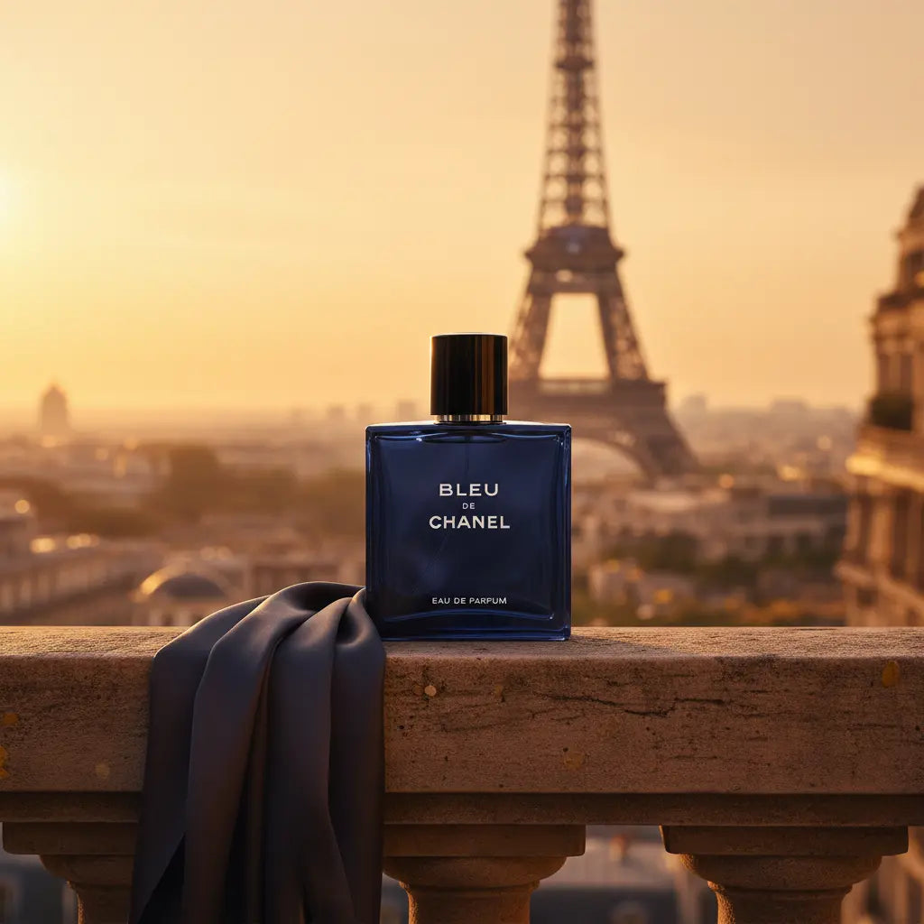 Bleu de Chanel Eau de Parfum mørkeblå flakon på parisisk altan ved solnedgang med Eiffeltårnet i baggrunden.