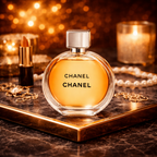 Chanel Chance parfume flakon placeret på sort marmorbakke med gyldne detaljer omgivet af smykker, perler og varm belysning