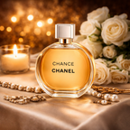 Chanel Chance parfume flakon placeret på lys satin omgivet af hvide roser, perler og smykker med varm gylden belysning.