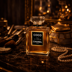 Coco Chanel Eau de Parfum på mørk marmorbord med makeup, perler og gyldne detaljer i varm elegant luksusstemning