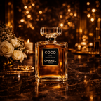 Coco Chanel Eau de Parfum på mørk marmorbord med gyldne lys, perler og blomster i varm luksuriøs stemning