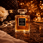 Coco Chanel Eau de Parfum på mørk marmorbord med perler, Chanel taske og gyldne lys i varm elegant atmosfære