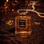 Coco Chanel Eau de Parfum på mørk tekstur med perler og gyldne detaljer i dyb varm luksusstemning