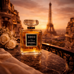Coco Chanel Eau de Parfum på marmorbord med udsigt til Eiffeltårnet i gylden solnedgang og varm parisisk atmosfære