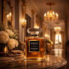 Coco Chanel Eau de Parfum på marmorbord i elegant salon med lysekroner, blomster og gylden luksusstemning