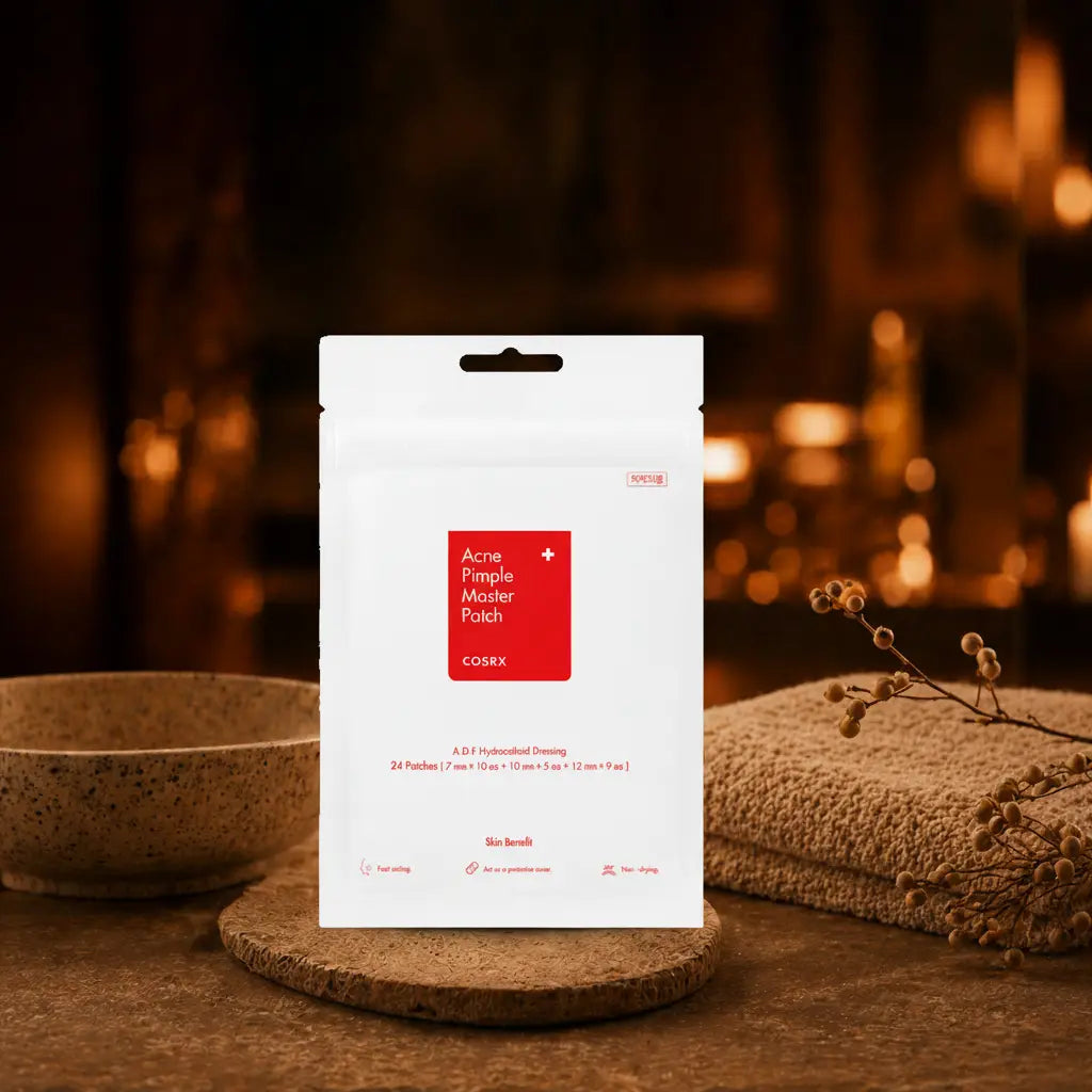 COSRX Acne Pimple Master Patch. Hvid flad pose med rødt kvadratisk label, stående oprejst på korkbrik. Varm amber wellness scene med keramisk skål, foldede håndklæder med tørrede bær og varme stearinlys i baggrunden. 