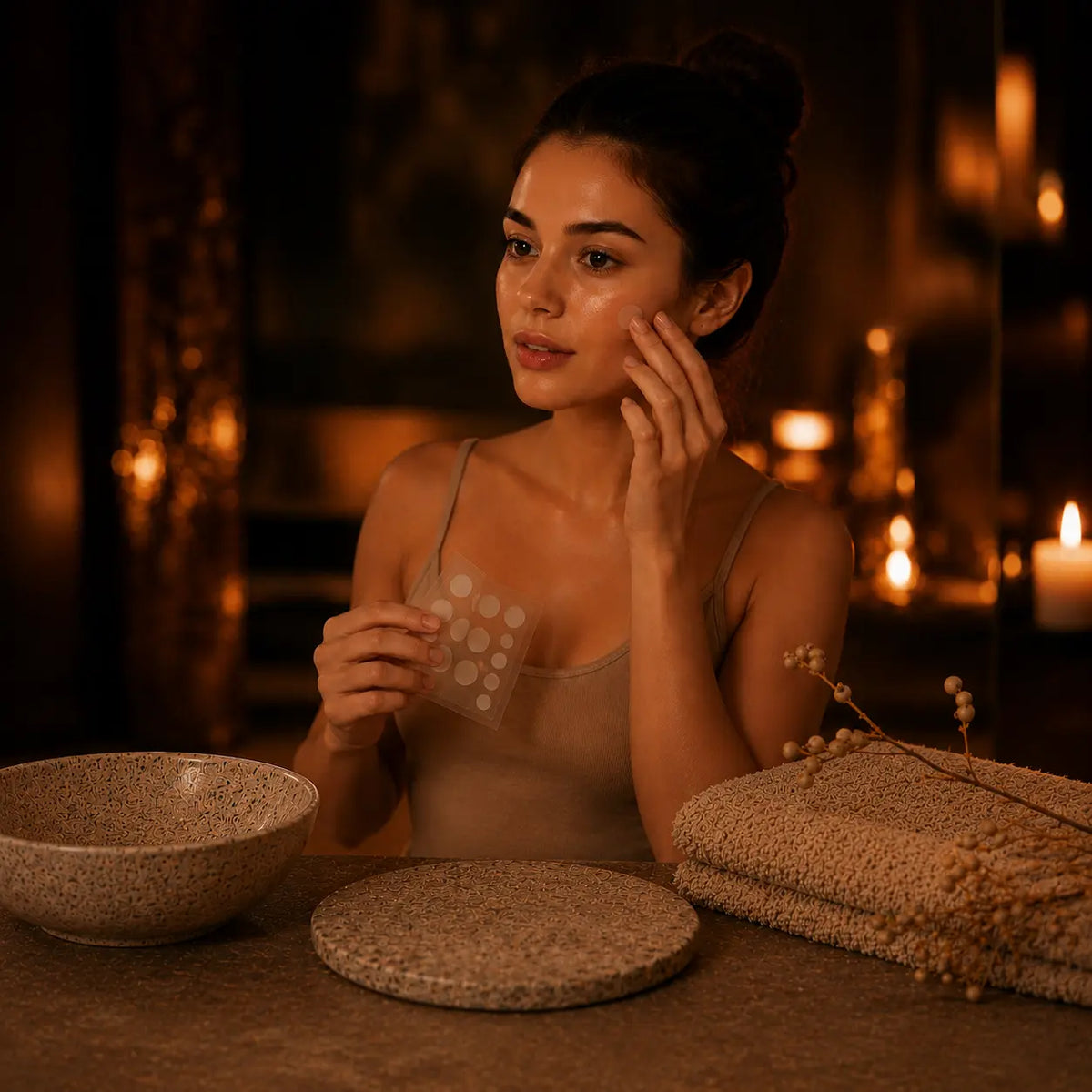 Kvinde anvender COSRX Acne Pimple Master Patch. Varm spa stemning med håndklæder og wellness miljø. 