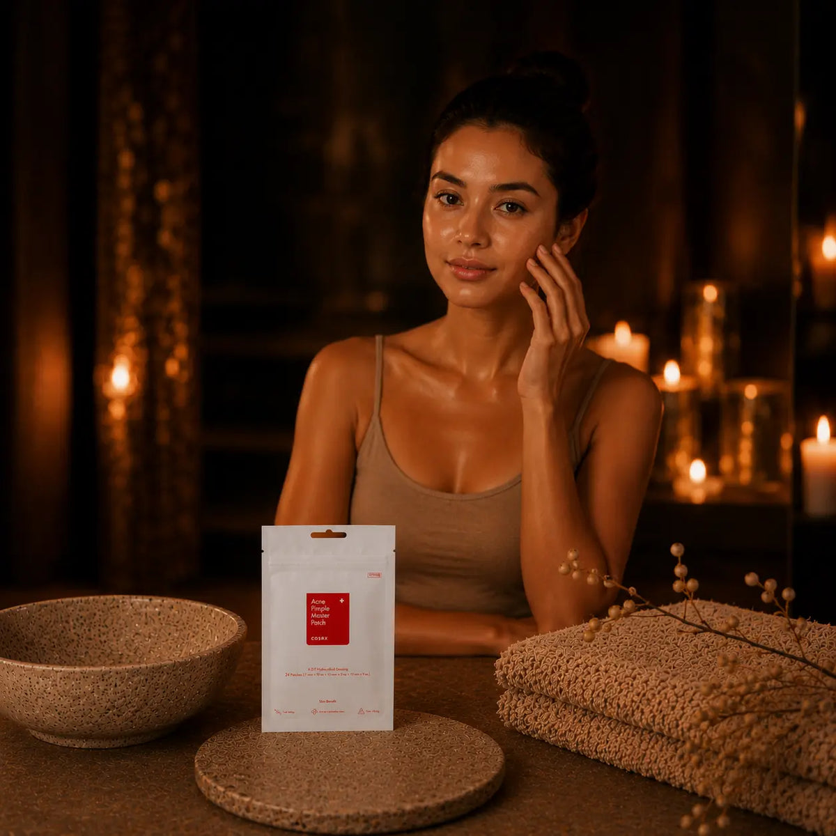Kvinde med ren hud, efter brug af COSRX Acne Pimple Master Patch. Rolig spa stemning.
