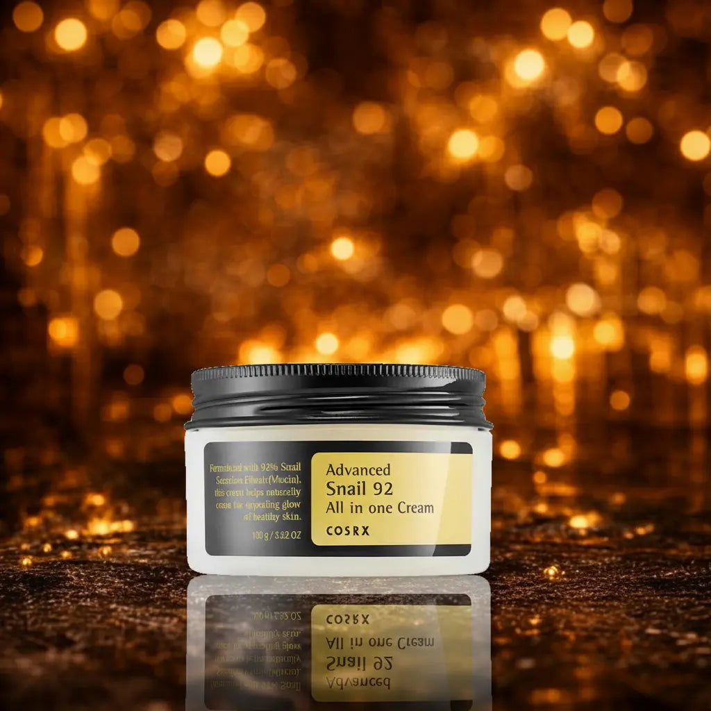 COSRX Advanced Snail 92 All in One Cream. Hvid krukke med mørkt ribbet låg og guld label. Stående på våd mørk stenoverflade med spejling nedenunder og varme amber bokeh lys i baggrunden.