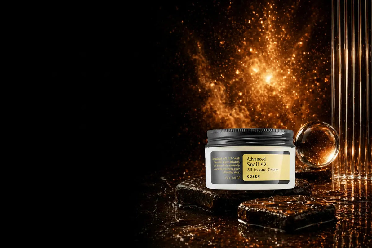 COSRX Advanced Snail 92 All in One Cream. Hvid krukke med mørkt ribbet låg og guld label, stående på våd mørk stenpodium med gylden amber gnisteksplosion i baggrunden, ribbet glassøjle og krystalkugle til højre. 