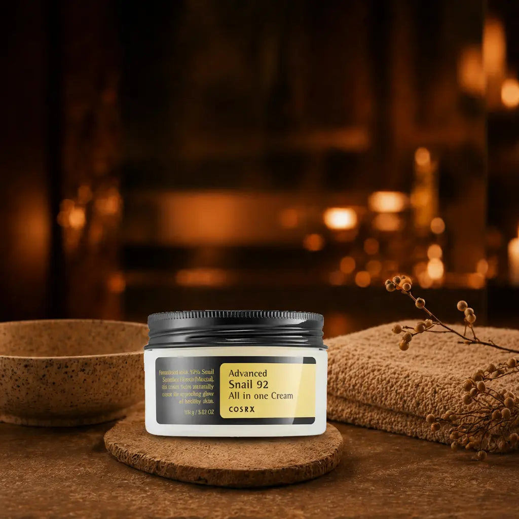 COSRX Advanced Snail 92 All in One Cream. Hvid krukke med mørkt ribbet låg og guld label, stående på korkbrik i varm amber wellness scene med keramisk skål, foldede håndklæder med tørrede bær og varme stearinlys i baggrunden.