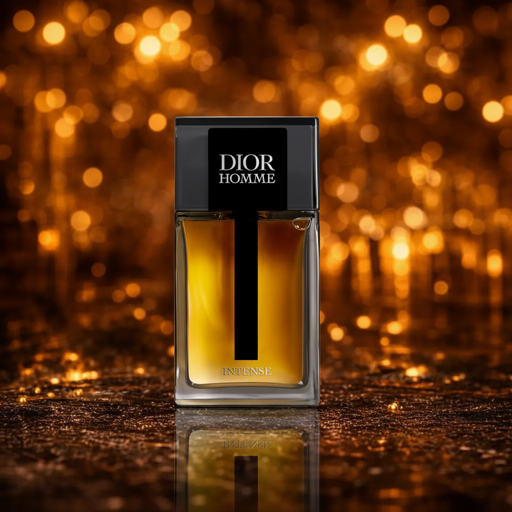 Dior Homme Intense firkantet flakon med ravgul duft og sort låg med hvid tekst centreret på mørk gylden glitter overflade med varme orange og guld bokeh cirkler og tydelig spejling i overfladen nedenunder. 