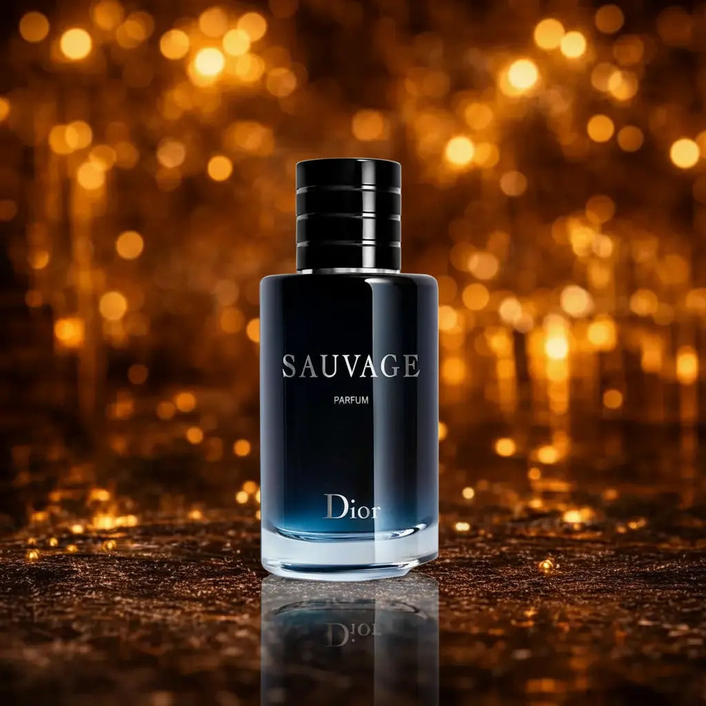 Dior Sauvage Parfum mørkeblå cylindrisk flakon med sort riflet låg centreret på mørk gylden glitter overflade med varme orange og guld bokeh cirkler og tydelig spejling i overfladen nedenunder.