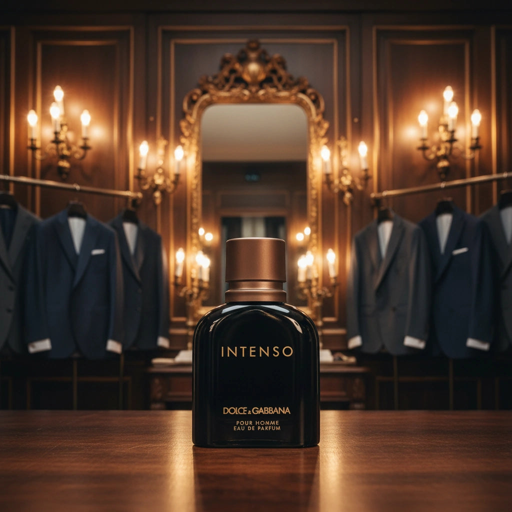 Dolce & Gabbana Intenso Pour Homme Eau de Parfum sort flakon i italiensk skrædderatelier med gyldne spejle og mørke jakkesæt i baggrunden 