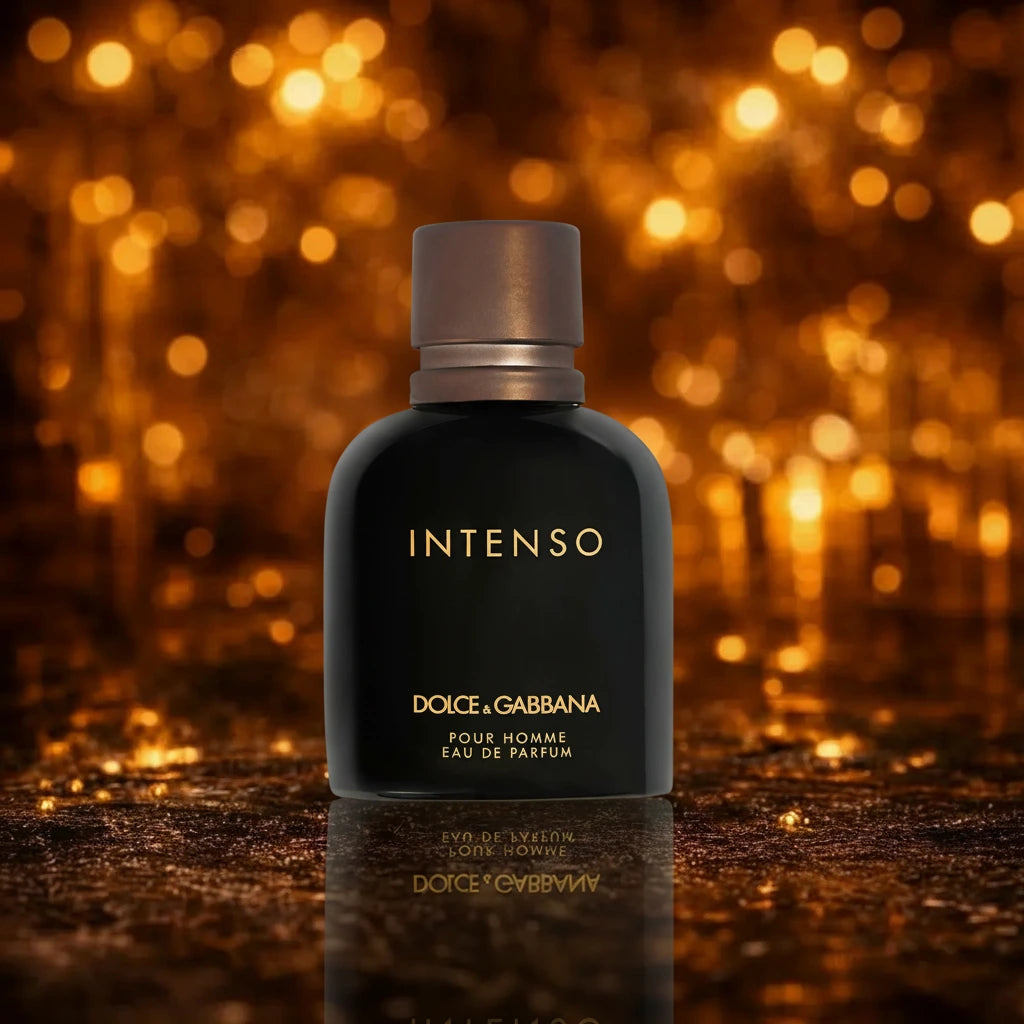 Dolce & Gabbana Intenso Pour Homme Eau de Parfum sort flakon med bronzelåg på gylden glitter overflade