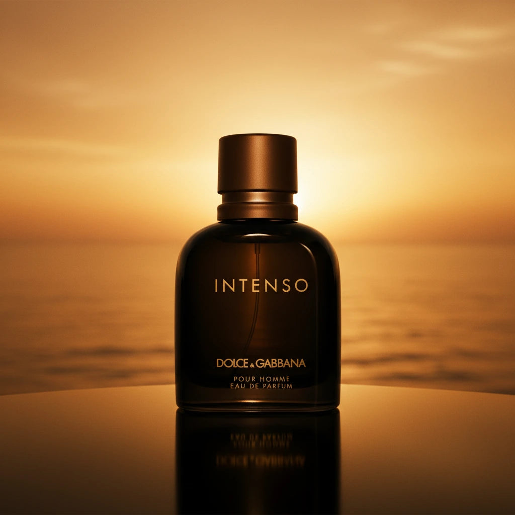Dolce & Gabbana Intenso Pour Homme Eau de Parfum sort flakon med Siciliansk solnedgang over Middelhavet i varm amber baggrund