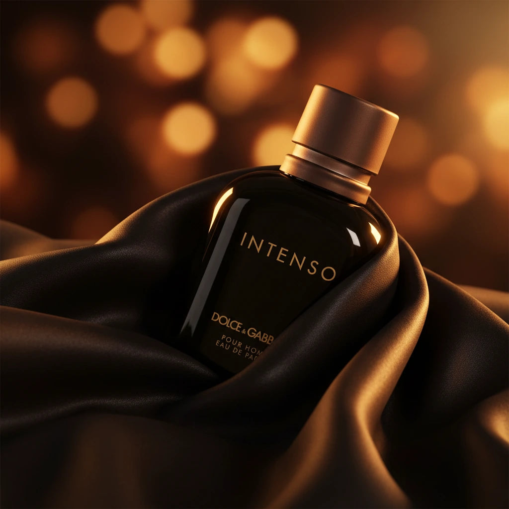 Dolce & Gabbana Intenso Pour Homme Eau de Parfum sort flakon hvilende på sort silke med gylden bokeh baggrund