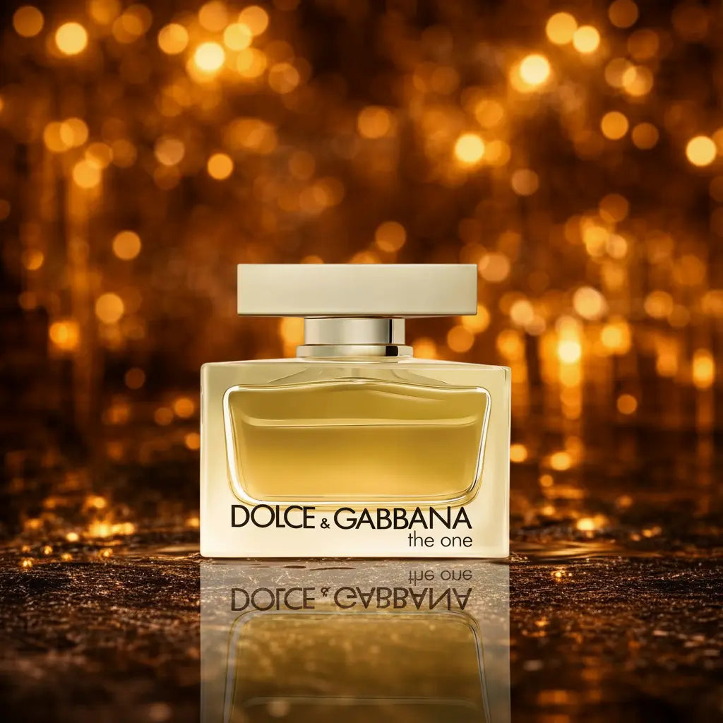  Dolce & Gabbana The One Eau de Parfum gylden amber flacon på mørk gylden glitter overflade med varme amber bokeh-cirkler