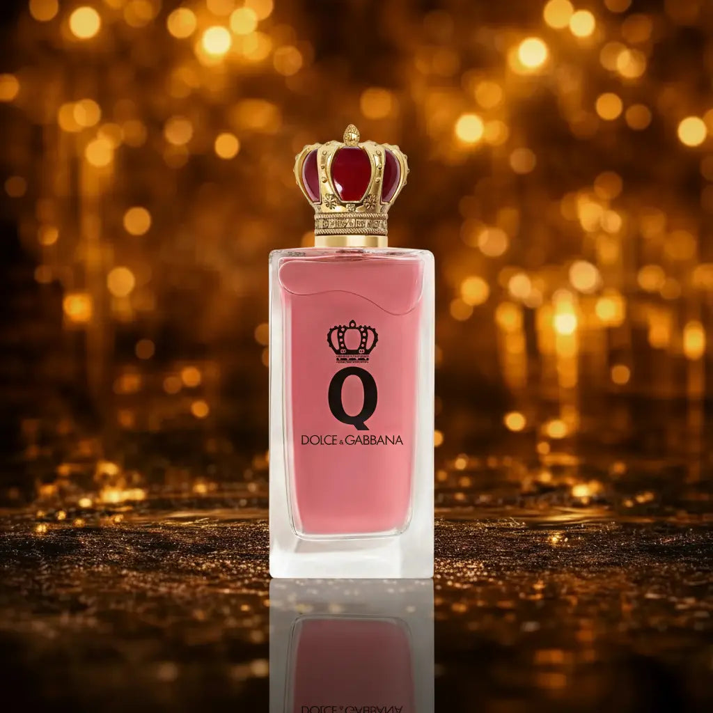 Dolce & Gabbana Q Eau de Parfum pink flakon med guld kronelåg og rød sten på mørk våd overflade med gylden bokeh baggrund 