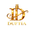 Duftia logo, gyldent D-symbol med parfumeflakon integreret i bogstavet og teksten "DUFTIA" nedenunder, transparent baggrund. 