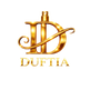 Duftia logo, gyldent D-symbol med parfumeflakon integreret i bogstavet og teksten "DUFTIA" nedenunder, transparent baggrund. 