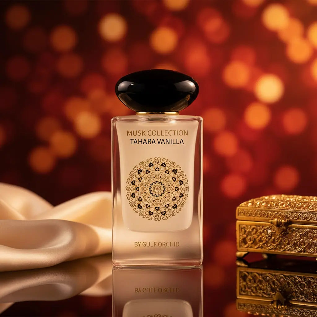 Gulf Orchid Tahara Vanilla Musk Eau de Parfum flakon med cremefarvet silke og guldsmykkeskrin på varm rød og gylden bokeh baggrund