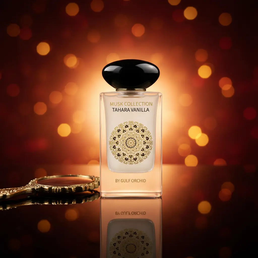 Gulf Orchid Tahara Vanilla Musk Eau de Parfum flakon med guldspejl på varm orange og gylden bokeh baggrund