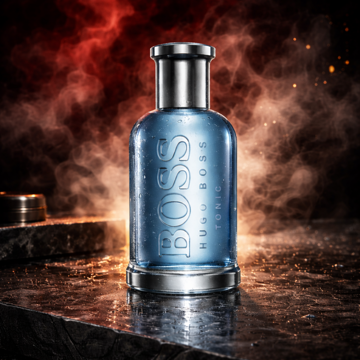 Hugo Boss Bottled Tonic Eau de Toilette parfume til mænd med blå glasflaske centreret på mørk stenoverflade med rød røg baggrund, vanddråber på flasken og varme gyldne lysrefleksioner