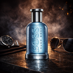 Hugo Boss Bottled Tonic Eau de Toilette parfume til mænd med blå glasflaske på mørk stenbord ved siden af armbåndsur og solbriller i maskulin elegant atmosfære