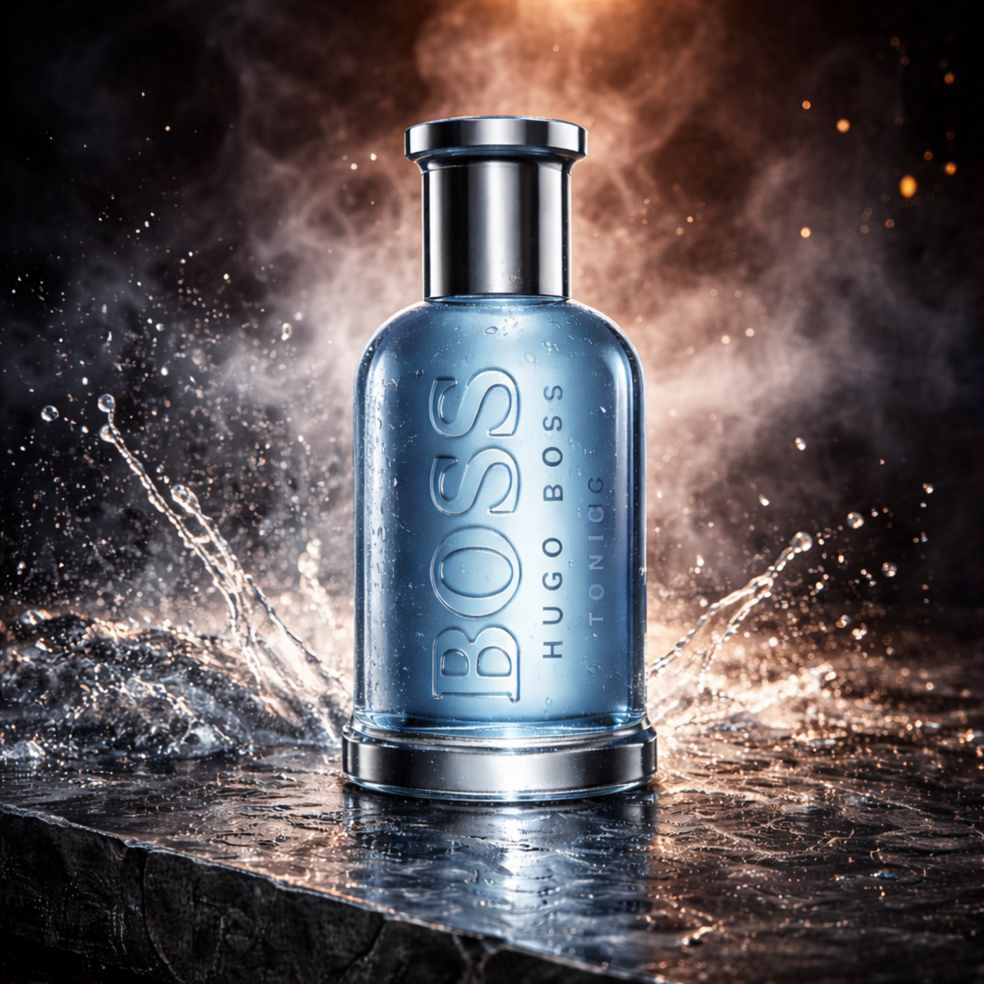 Hugo Boss Bottled Tonic Eau de Toilette parfume til mænd med blå glasflaske på mørk sten med vandstænk, kølig tåge og dramatisk belysning der fremhæver en frisk og energisk duftkarakter