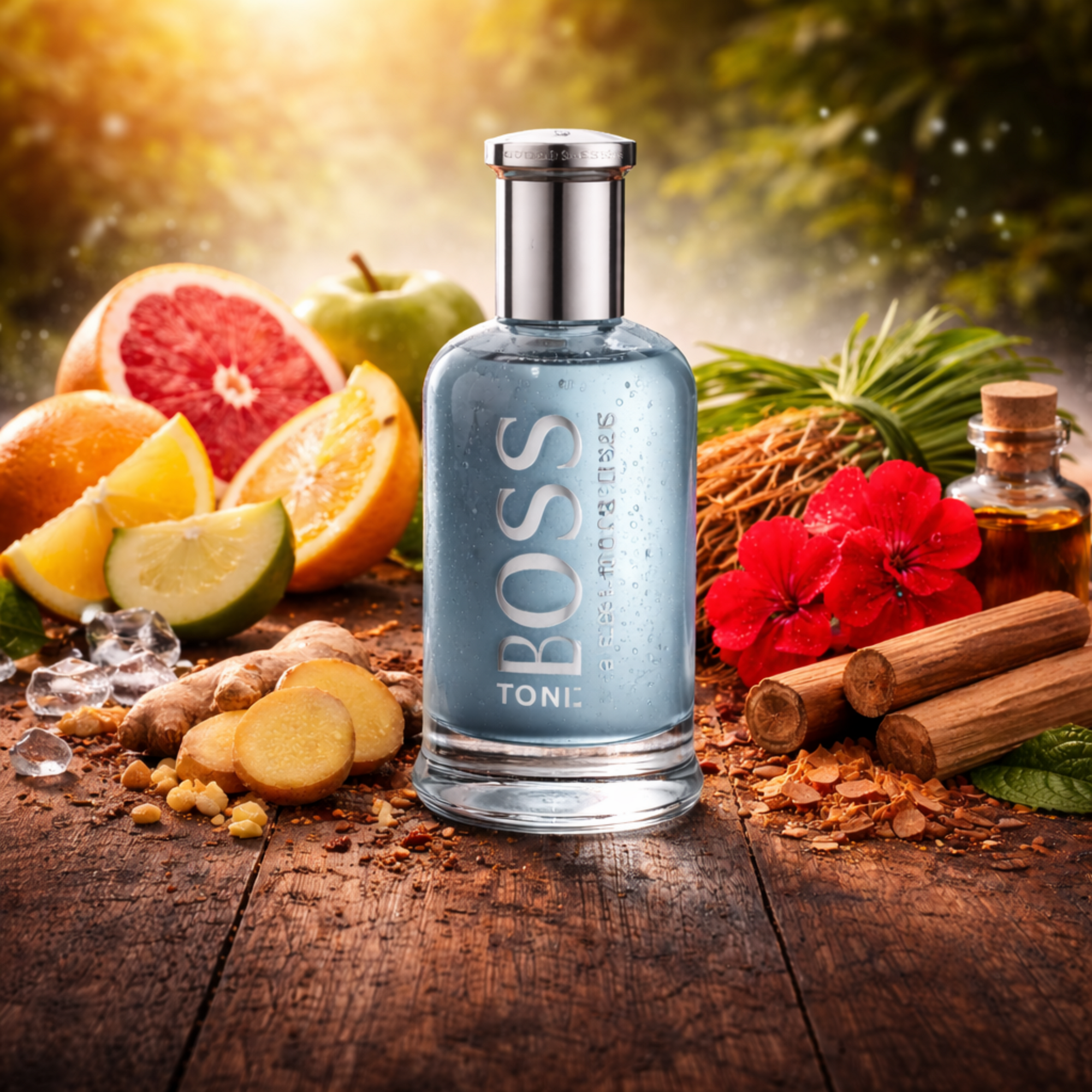 BOSS Bottled Tonic parfume flankeret af citrus, ingefær, kanel, geranium, vetiver og sandeltræ der illustrerer duftens friske og træagtige karakter.