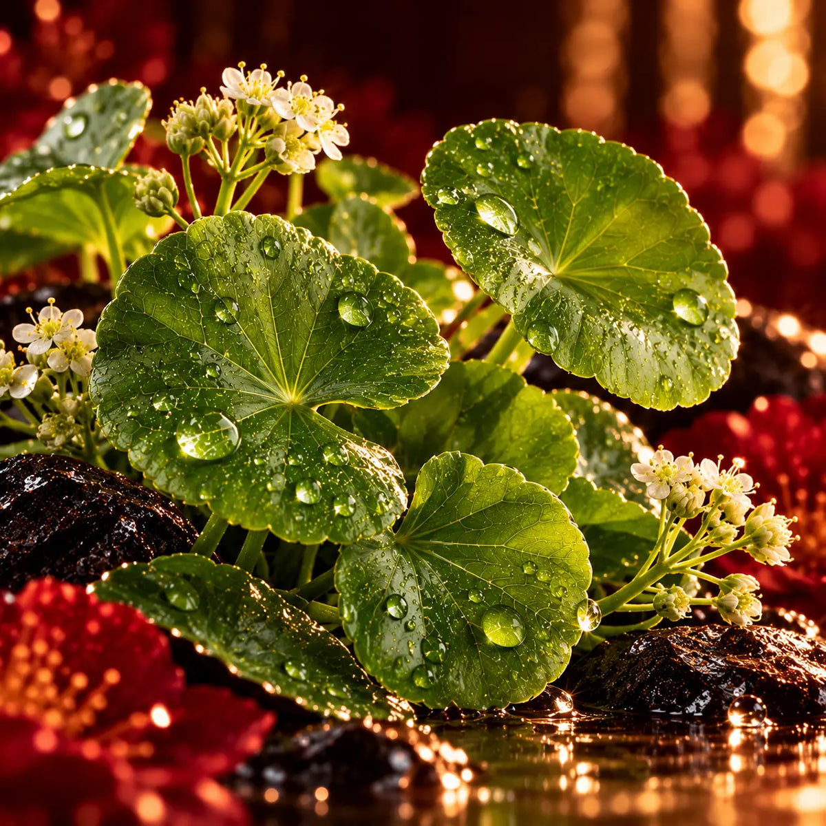 Centella asiatica med store, afrundede grønne blade. Små hvide blomster med gule støvdragere vokser mellem bladene. Planten er omgivet af våde sorte sten, og dybrøde blomster.
