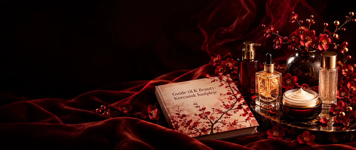 K Beauty hudpleje med serum i pipetteflaske, ansigtscreme og hudplejeprodukter på mørkerødt satin med blomster og gyldne detaljer samt bogen “Guide til K Beauty: Koreansk hudpleje