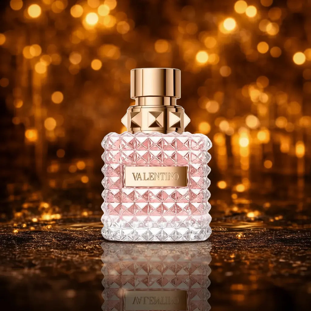 Valentino Donna Eau de Parfum lyserød krystalflacon med guld detaljer på mørk gylden glitter overflade