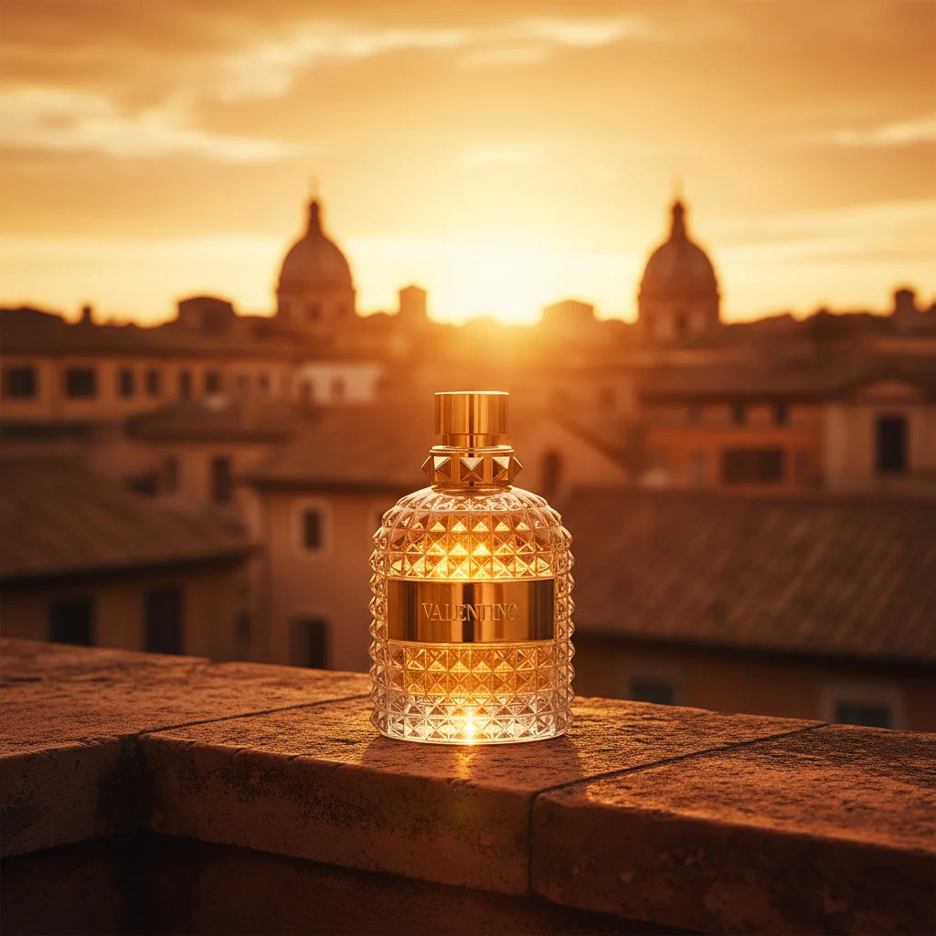Valentino Uomo Born in Roma Gold Eau de Toilette gylden flakon på romersk altan med intens varm amber glød og gylden solnedgang over romerske tage